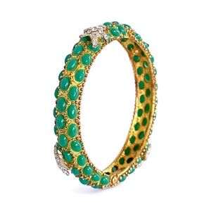 Vintage Rhinestone Green Cabochon Hinged Bangle Bracelet — Possible KJL Style